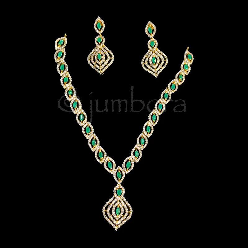 trendy gold necklaces for women -Emerald Green and White AD Zircon (CZ) Necklace set