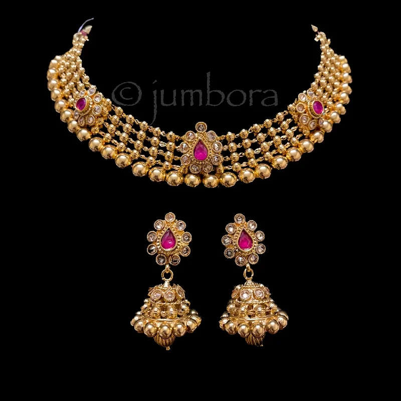 classic necklaces for women -Antique Gold Polki Necklace with Jhumka