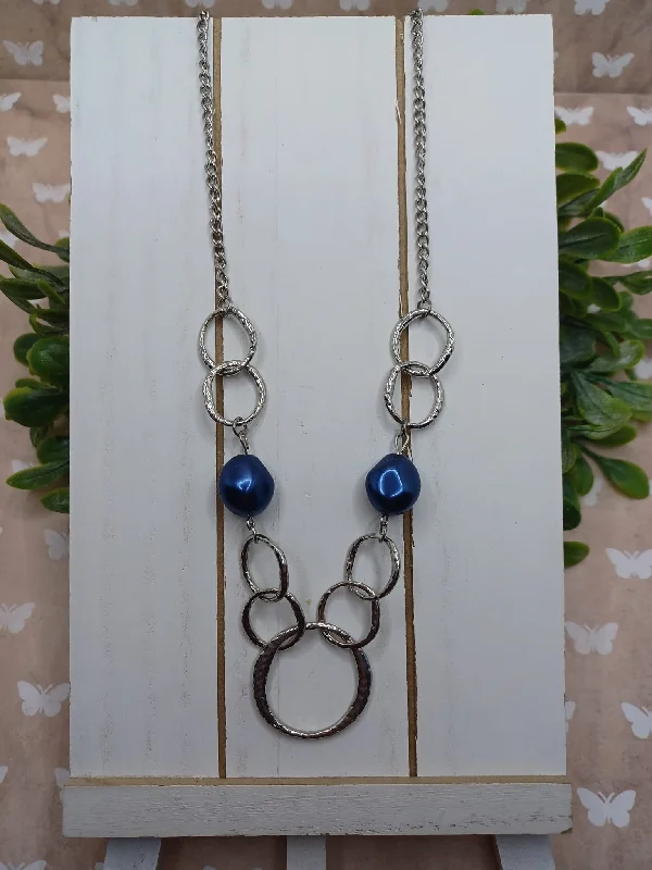 chunky necklaces for women -Silver Necklace w/ Silver Circles & Deep Blue Pearl Style Beading