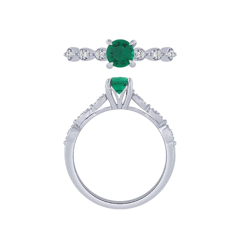 minimalist rings for women -14K White Gold Diamond And Emerald Ring