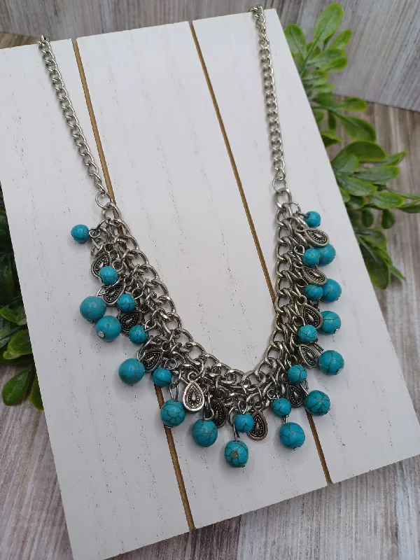 romantic gift necklaces for women -Silver Necklace w/ Turquoise Beading & Silver Teardrop Beading