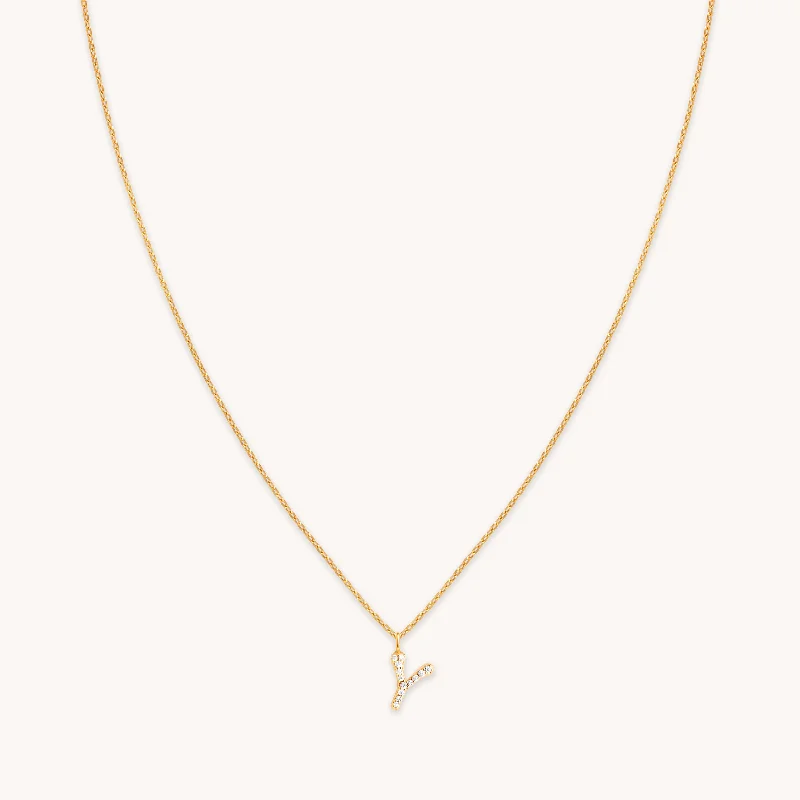 romantic necklaces for women -Y Initial Pavé Pendant Necklace in Gold