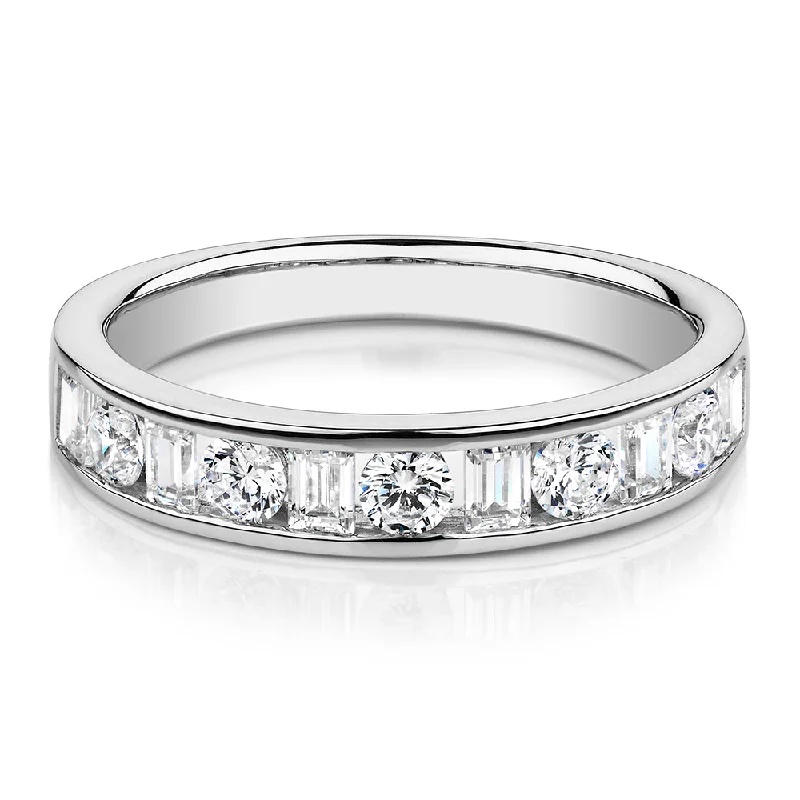 luxury rings for women -Round Brilliant wedding or eternity band with 0.76 carats* of diamond simulants in 14 carat white gold