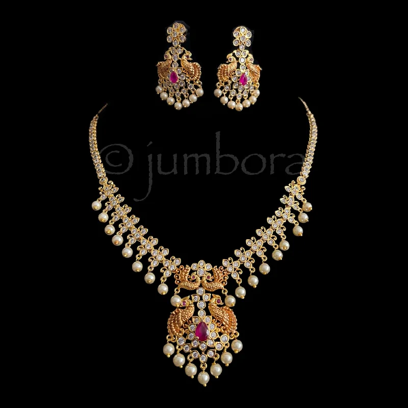 fashion chain necklaces for women -Peacock & Pearl AD (CZ) Zircon Necklace Set