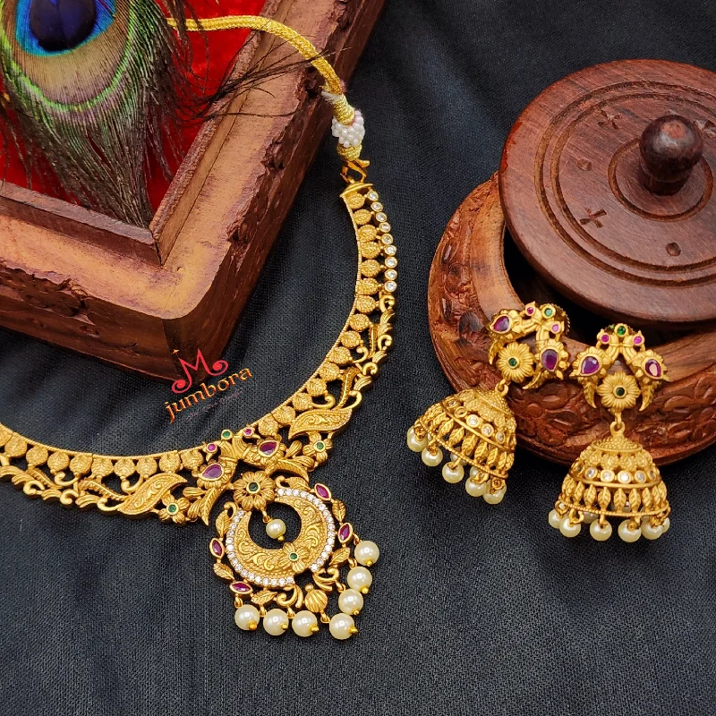 statement necklaces for women -Traditional Matte Antique Gold Necklace with Jhumka