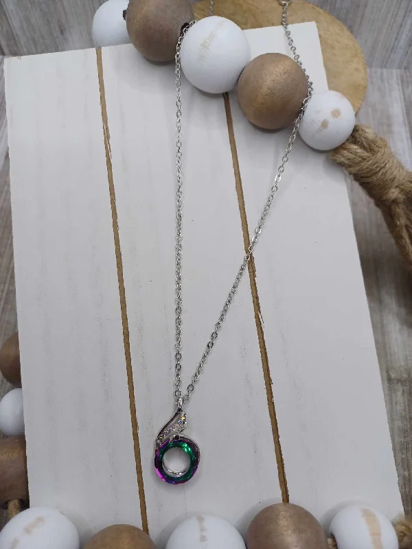 simple necklaces for women -Silver Peacock Necklace w/ Oil Spill Detail