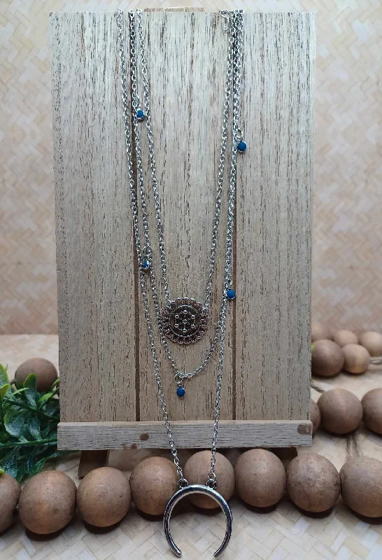 diamond pendant necklaces for women -Triple Layered Silver Necklace w/ Blue Beading, Flower, & Moon Design