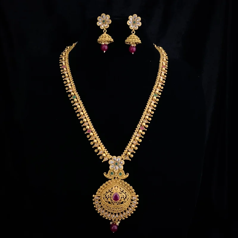 elegant necklaces for women -Exceptional Long Antique Matte Gold Necklace Set with LCD stones