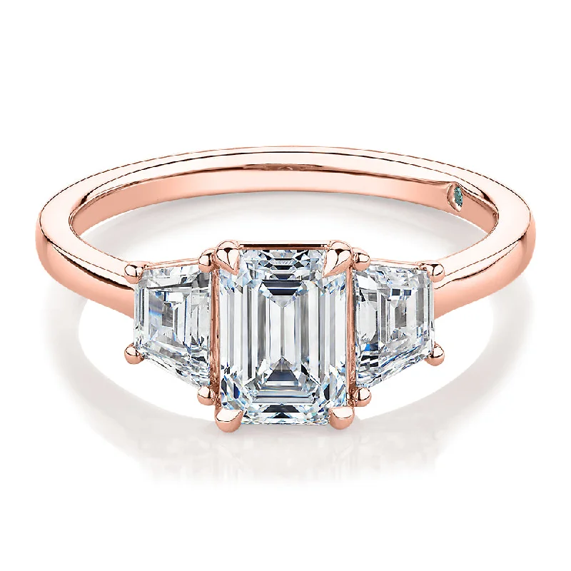 luxury gold rings -Premium Certified Lab-Grown Diamond, 1.87 carat TW emerald cut three stone ring in 14 carat rose gold