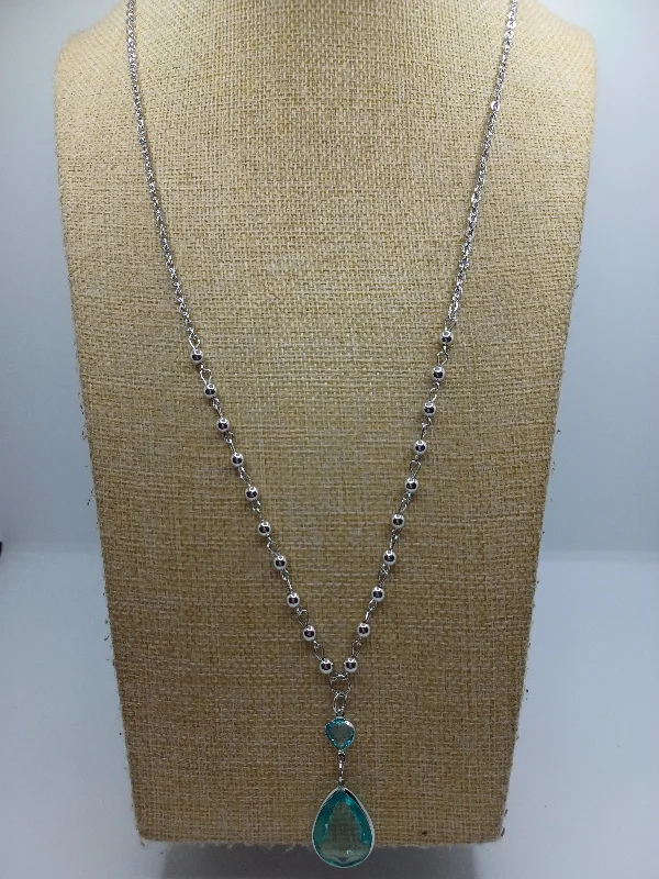 crystal necklaces for women -Silver Y Style Necklace w/ Blue Beading Accents & Pendant