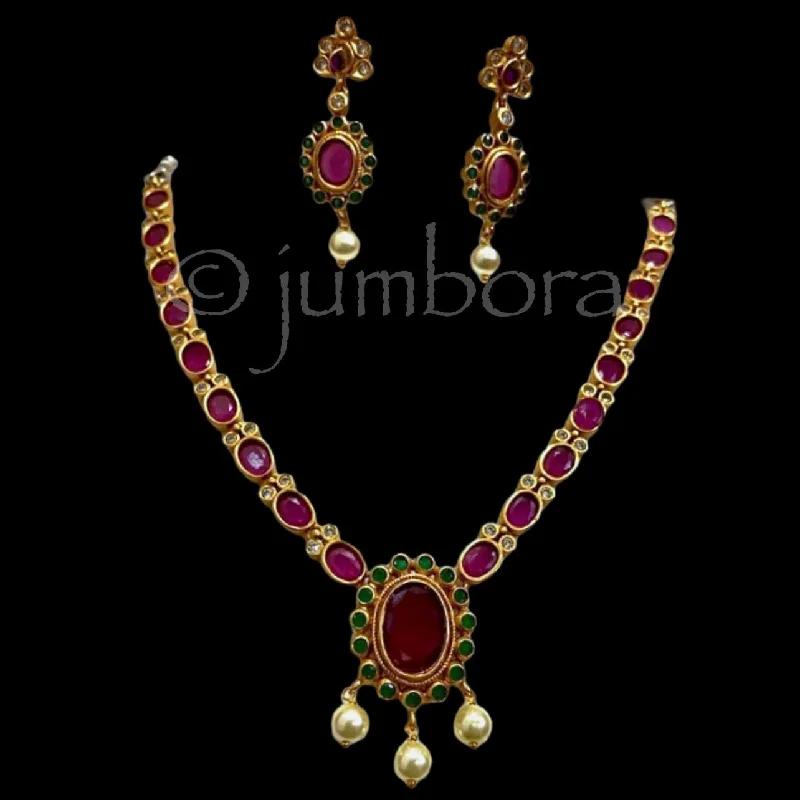 affordable necklaces for women -Matte Antique Necklace Set With AD Ruby red and Green Stones