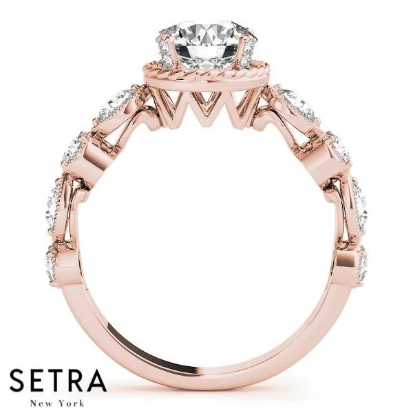 trendy engagement rings -14K GOLD CLUSTER SIDES ENGAGEMENT ROUND CUT DIAMOND RING