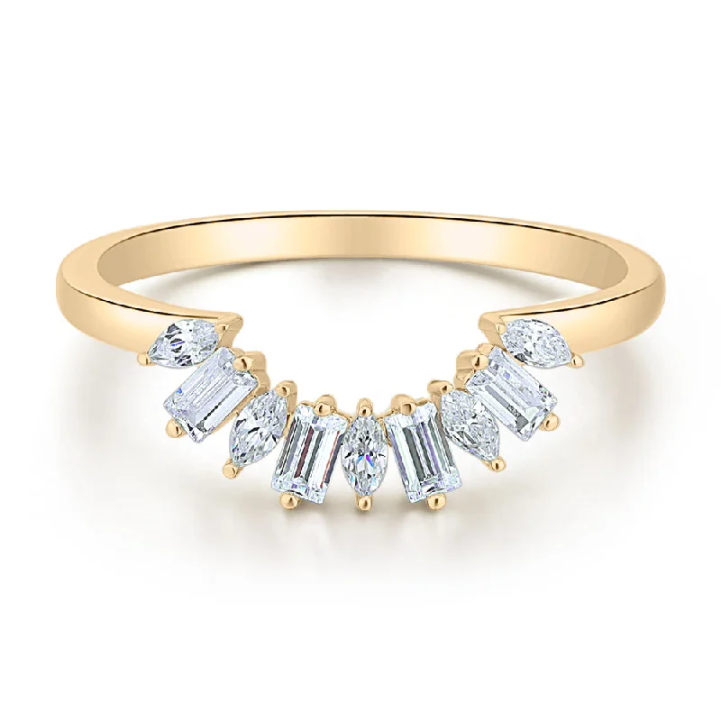 designer rings for women -Baguette curved wedding or eternity band with 0.45 carats* of diamond simulants in 10 carat yellow gold