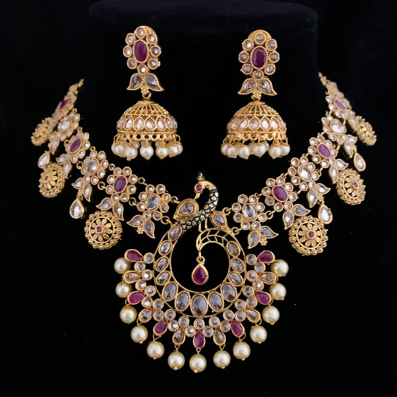 gold necklaces for women -Magnificient Peacock Antique Gold Necklace Set with LCD stones and jhumka