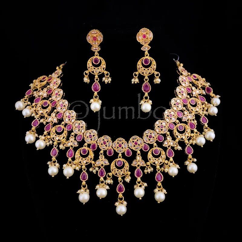 engraved necklaces for women -Bridal Statement LCD Champagne and Red stone Necklace set