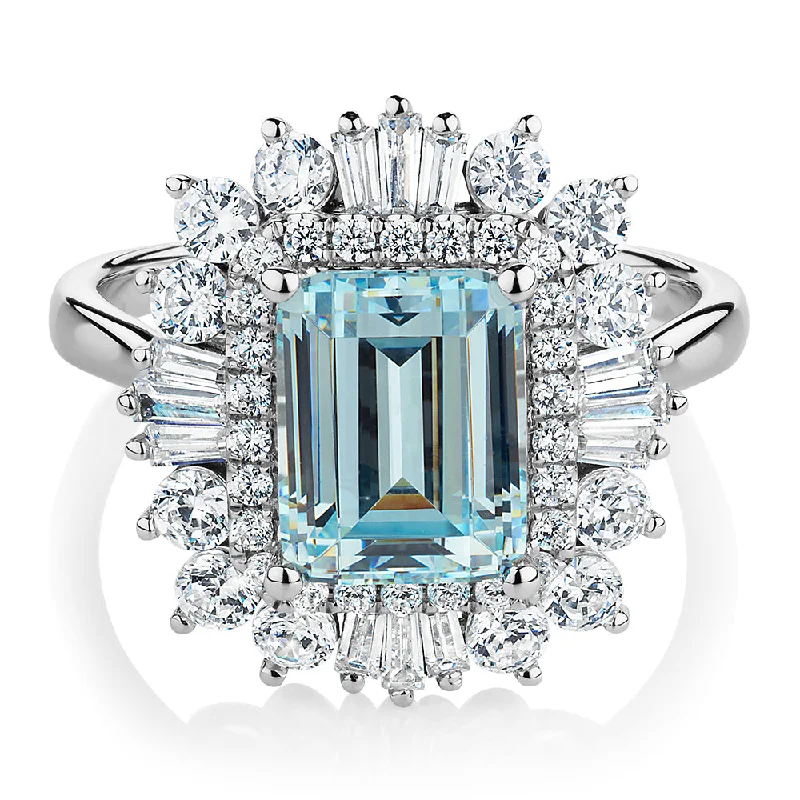 vintage engagement rings for women -Dress ring with 9x7mm aquamarine simulant and 1.43 carats* of diamond simulants in 10 carat white gold