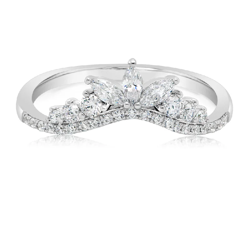 luxury platinum rings -Marquise curved wedding or eternity band with 0.54 carats* of diamond simulants in 10 carat white gold