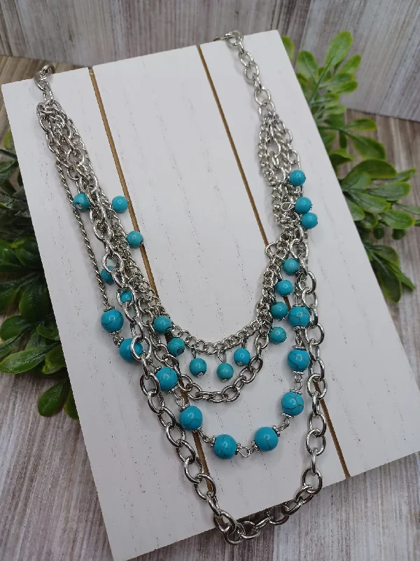 gemstone pendants for women -Silver Layered Necklace w/ Turquoise Crackle Stone Beading