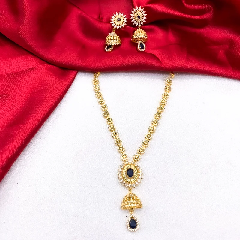 long necklaces for women -Elegant White and Blue Zircon (CZ) Stone Necklace with Jhumka Pendant