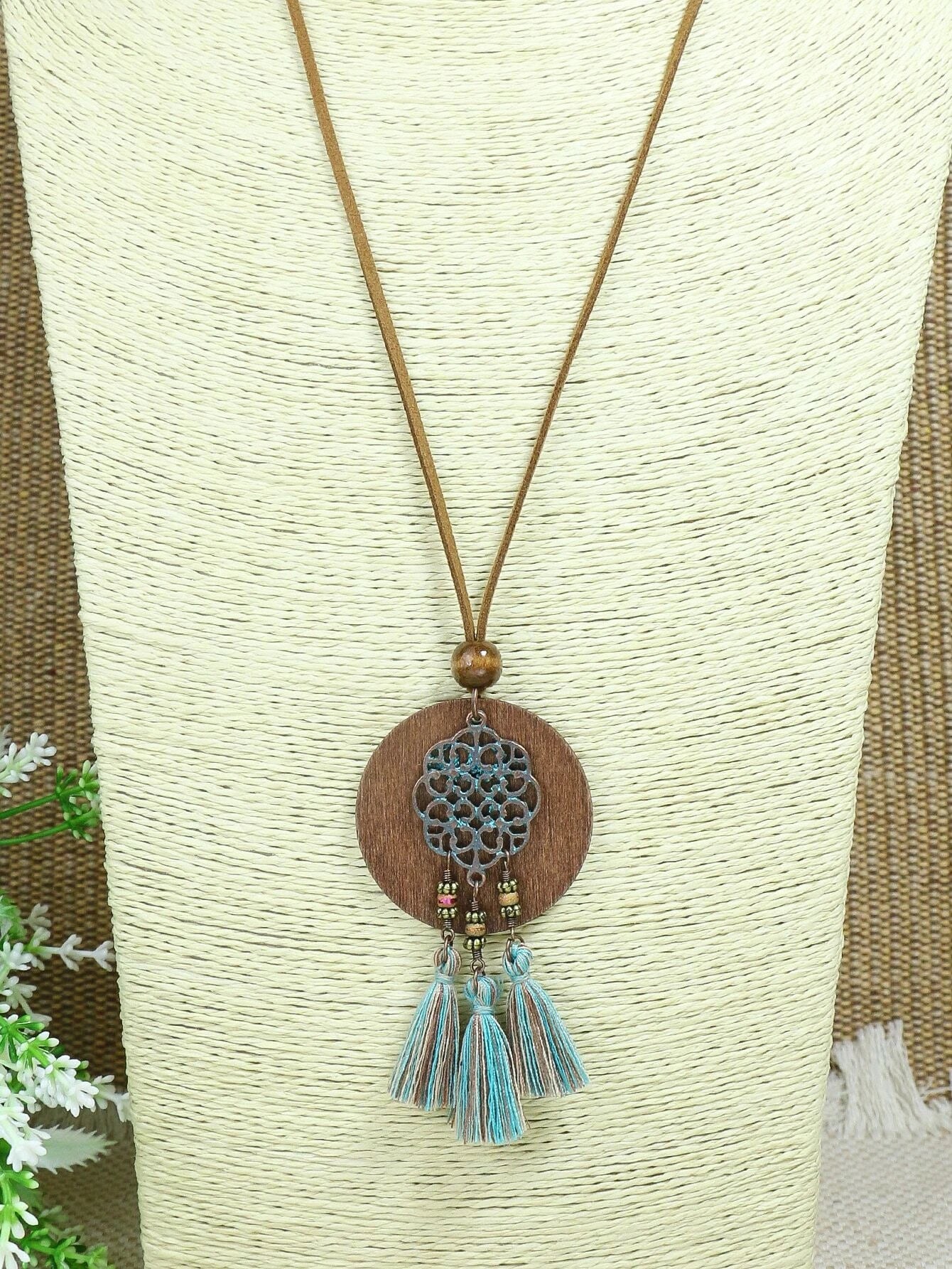 large statement necklaces for women -Suede Necklace w/ Wooden Pendant & Teal & Green Tassels