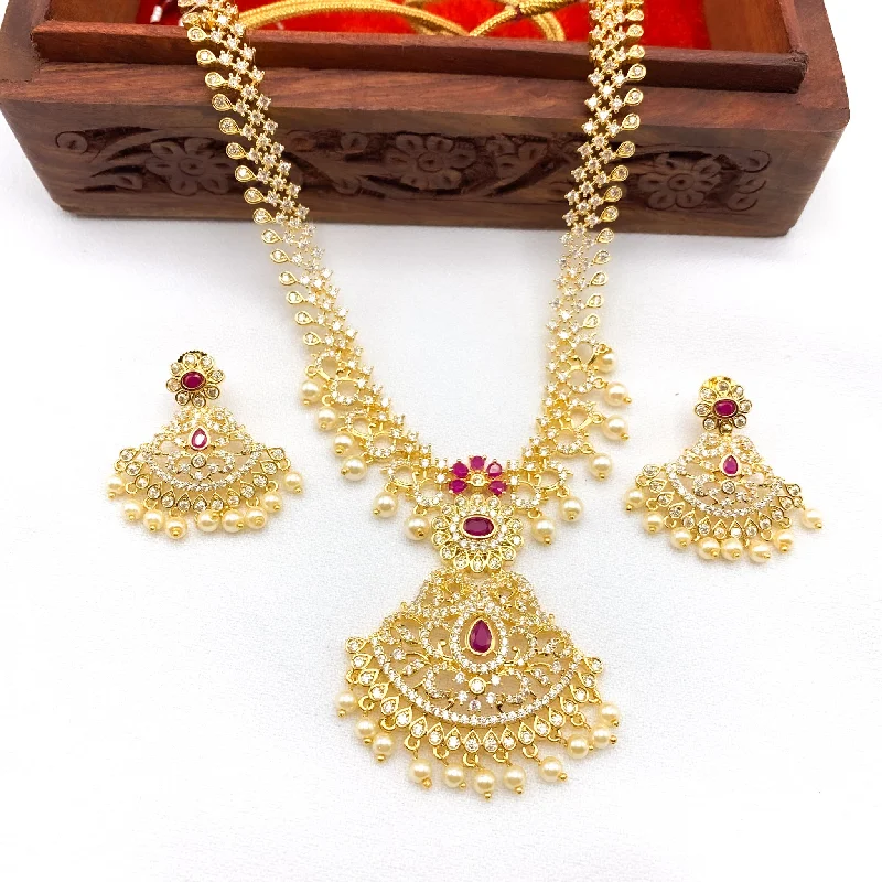 luxury statement necklaces for women -Exquisite White and Ruby Red Zircon (CZ) Stone Necklace set with Pearls