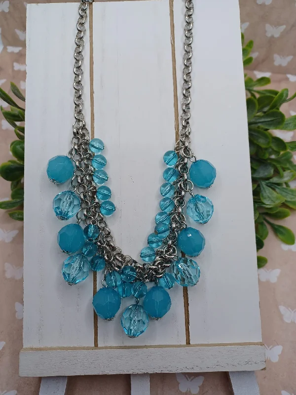 men’s and women’s matching necklaces -Silver Necklace w/ Clear & Frosted Acrylic Blue Beading