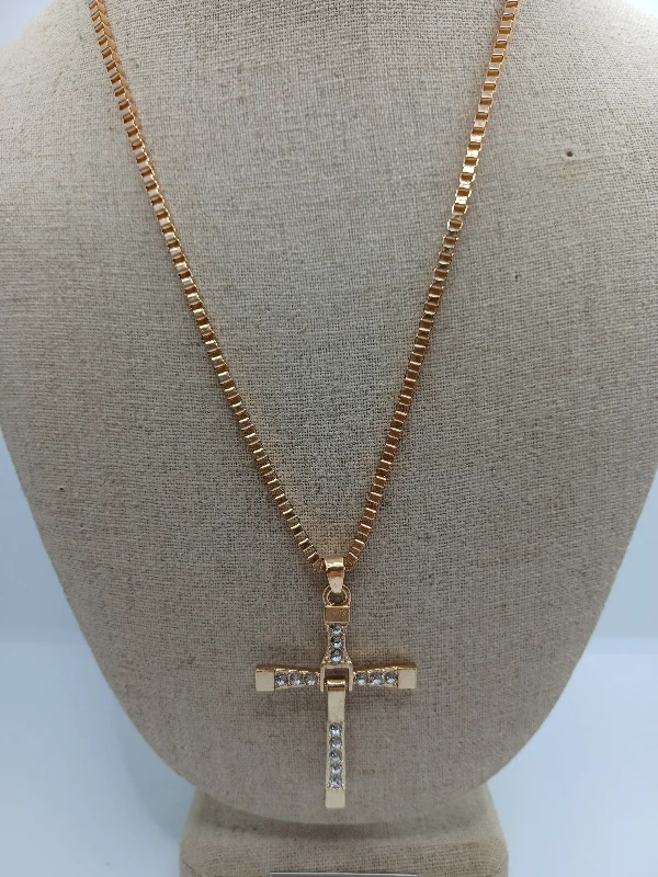 elegant pearl necklaces for women -Gold Cross Necklace w/ Rhinestones