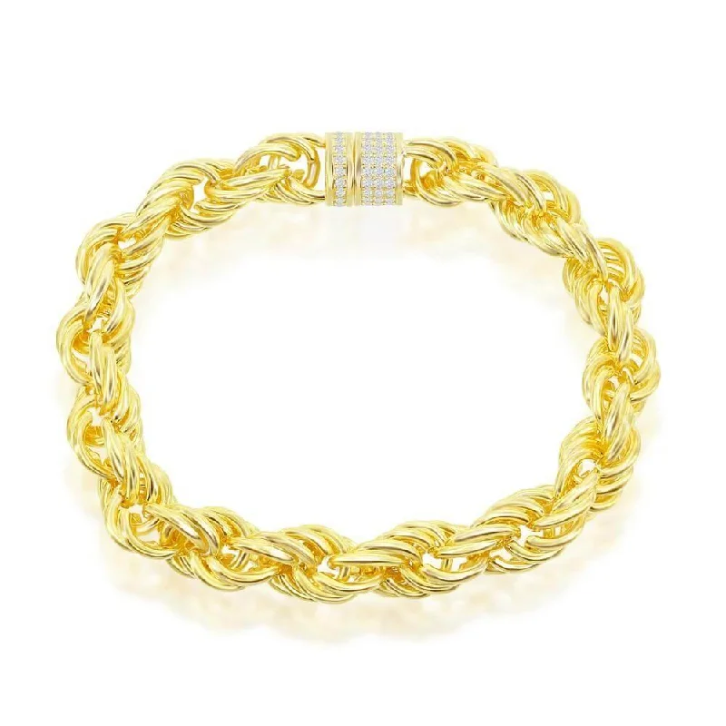 gold cuff bracelets for women -gold cuff bracelets for women -Sterling Silver 11mm Loose Rope With CZ Statement Lock Bracelet