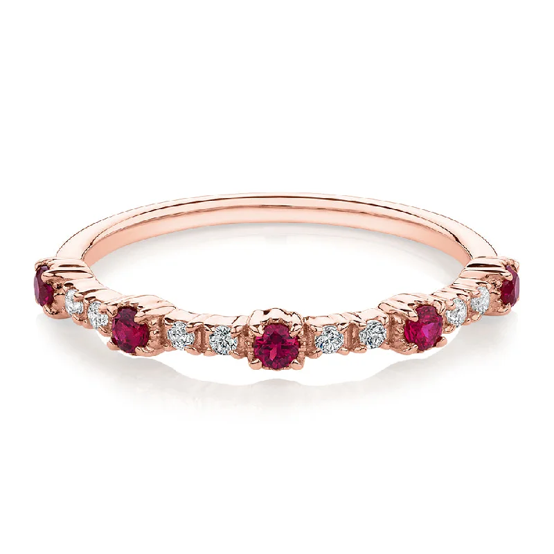 modern rings for women -Wedding or eternity band with ruby and diamond simulants in 10 carat rose gold