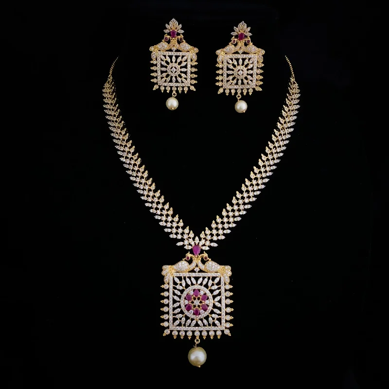 colorful necklaces for women -Dazzling White Zircon (CZ) stone Necklace Set with Unique Square Pendant and Peacock work