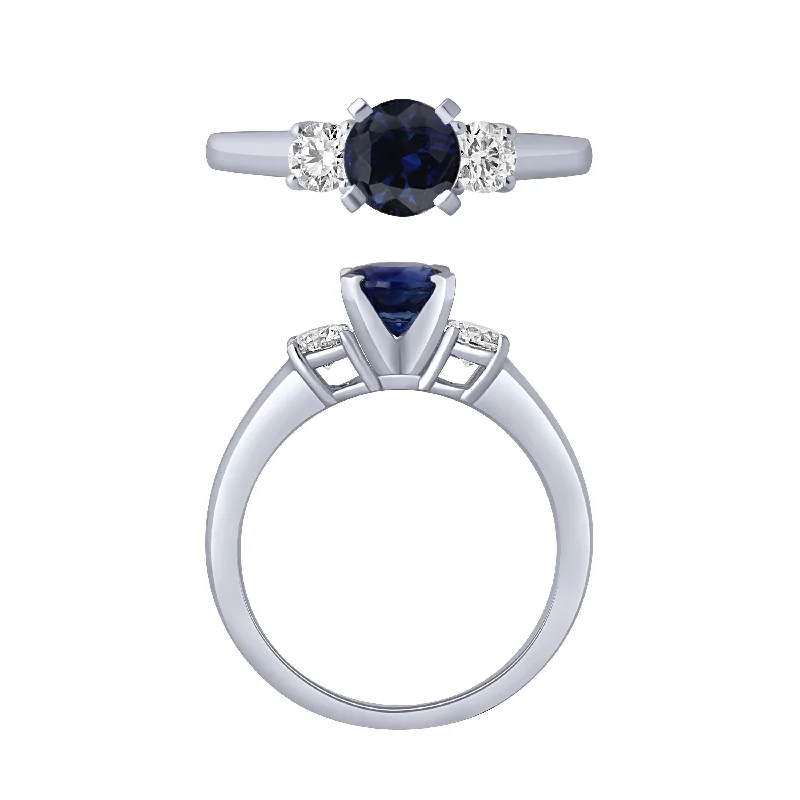 stackable rings for women -14K White Gold Sapphire And Diamond Ring With Round Sapphire Center