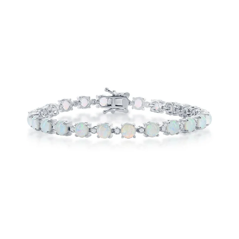 personalized engraved bracelets for women -personalized engraved bracelets for women -Sterling Silver Alternating Round White Opal & CZ Tennis Bracelet