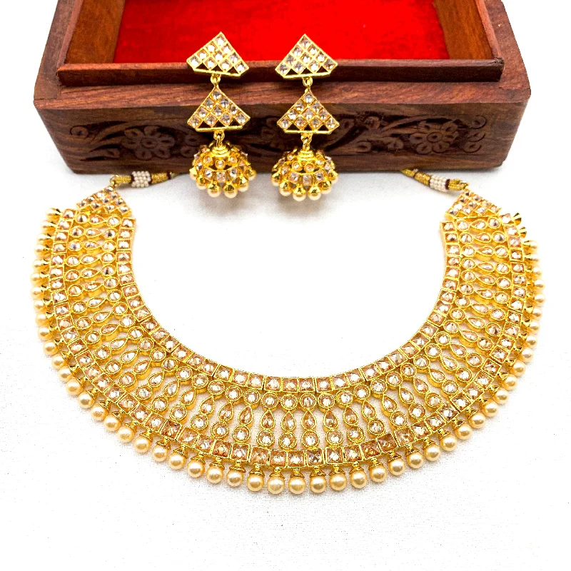 unique crystal necklaces for women -Gorgeous Antique Gold plated Bridal Necklace Set with LCD Champagne stones and Jumka