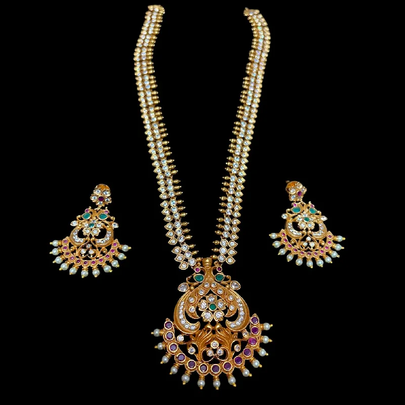 gold chain necklaces for women -Peacock & Pearl Matte Antique Gold Long Haaram Necklace set