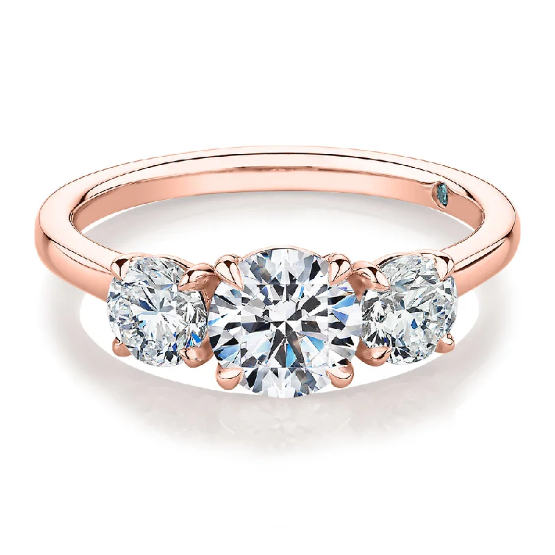 women’s birthstone rings -Premium Certified Lab-Grown Diamond, 1.86 carat TW round brilliant three stone ring in 18 carat rose gold