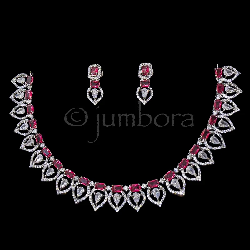 fashion-forward necklaces for women -Burgandy Red AD Zircon CZ Necklace in White Gold Finish