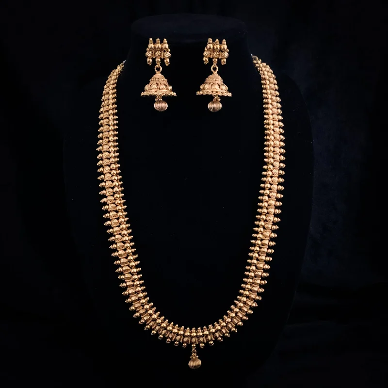 diamond necklaces for women -Traditional Long Kerala Style Antique Gold Necklace Set with Jhumka