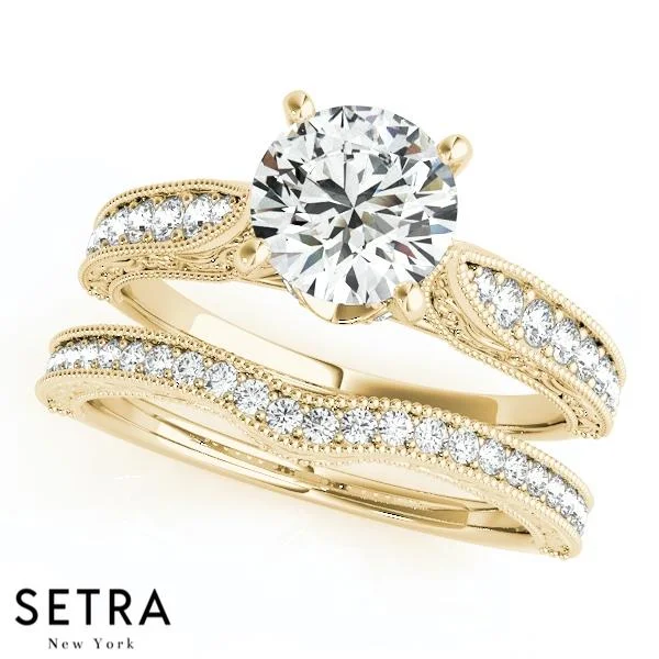 high-end engagement rings -PETITE SET OF DIAMOND  ENGAGEMENT & WEDDING BAND RING 14K GOLD