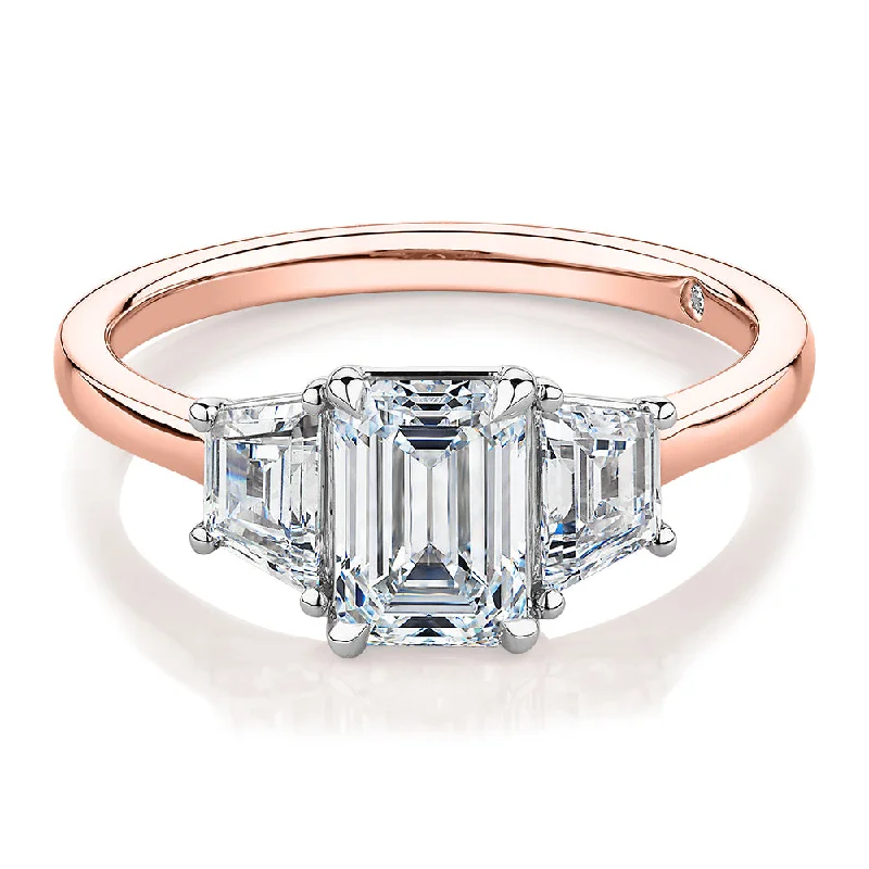 chic promise rings for women -Signature Simulant Diamond 1.87 carat* TW emerald cut three stone ring in 14 carat rose and white gold