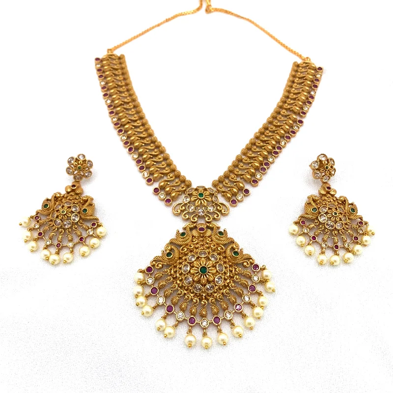 precious stone pendants for women -Antique Matte Gold Traditional Necklace Set with Pearls