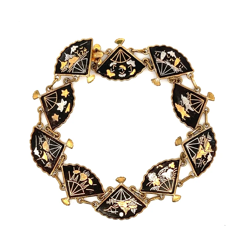 handmade charm bangles -handmade charm bangles -Estate Gold Filled Damascene Fan Link Bracelet