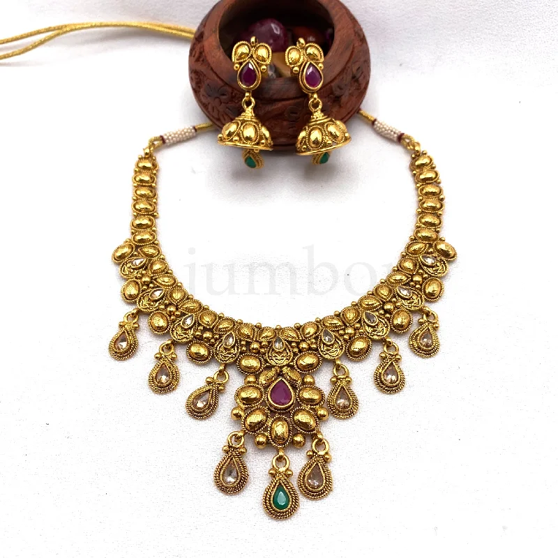 custom gold necklaces for women -Traditional Antique Gold plated Necklace with Jhumka earring